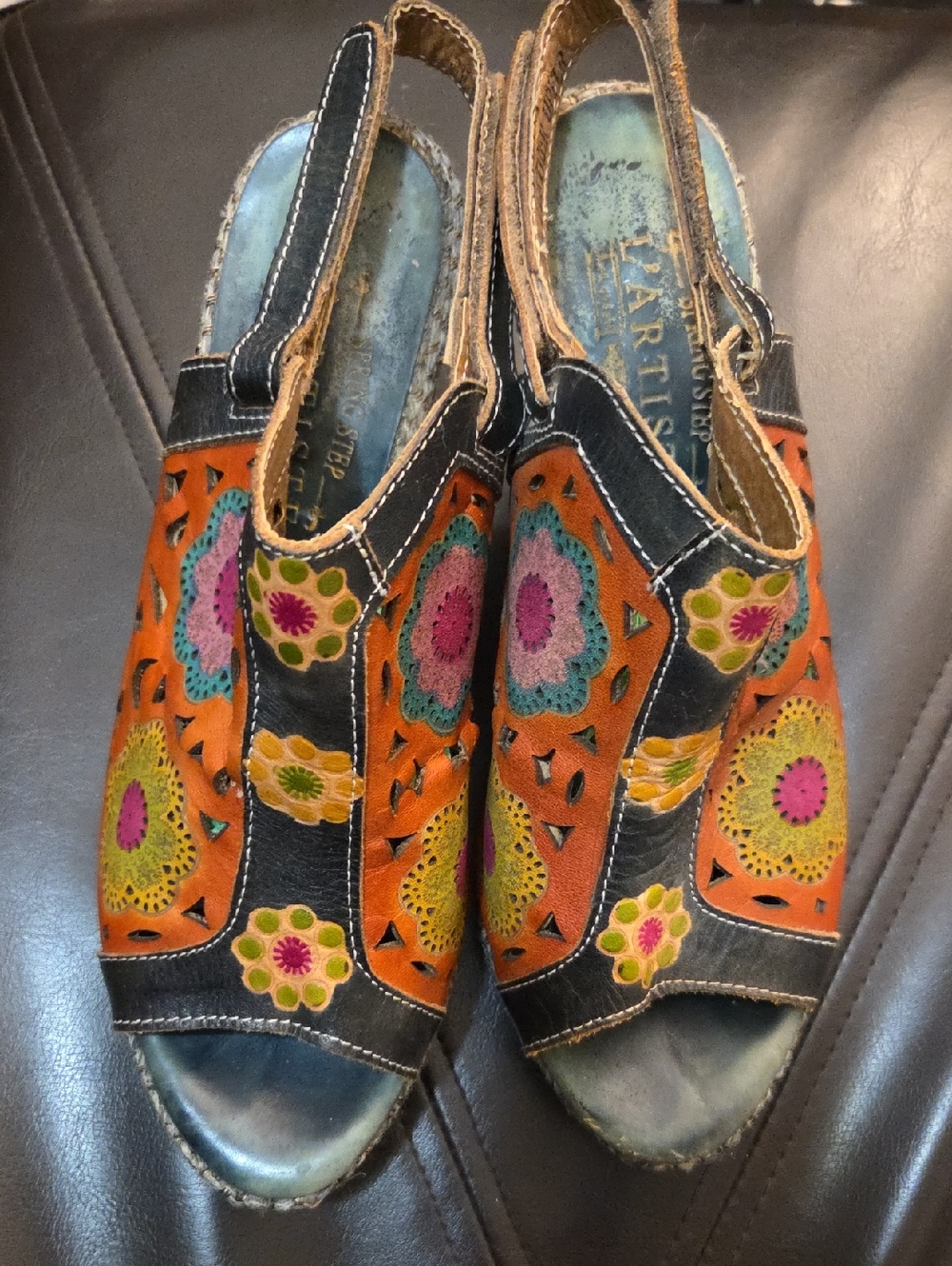 Bohemian Orange Navy Leather Floral Cutout L'Artiste Belen Slingback Sandals 37